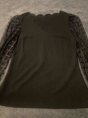 SHEIN Black Scallop Neck Blouse with Sheer Patterned Sleeves
